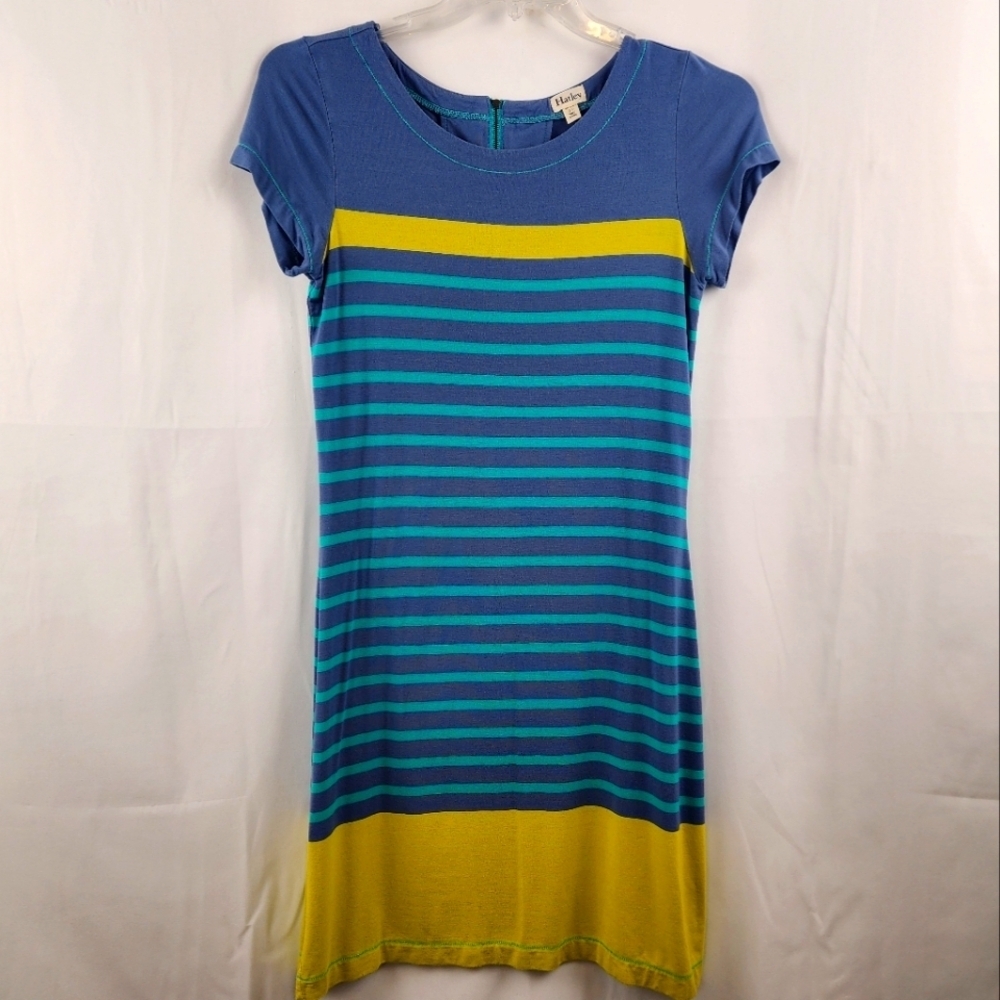 Hatley Womens Blue and Yellowish/Lime Green Striped Dress Size Small